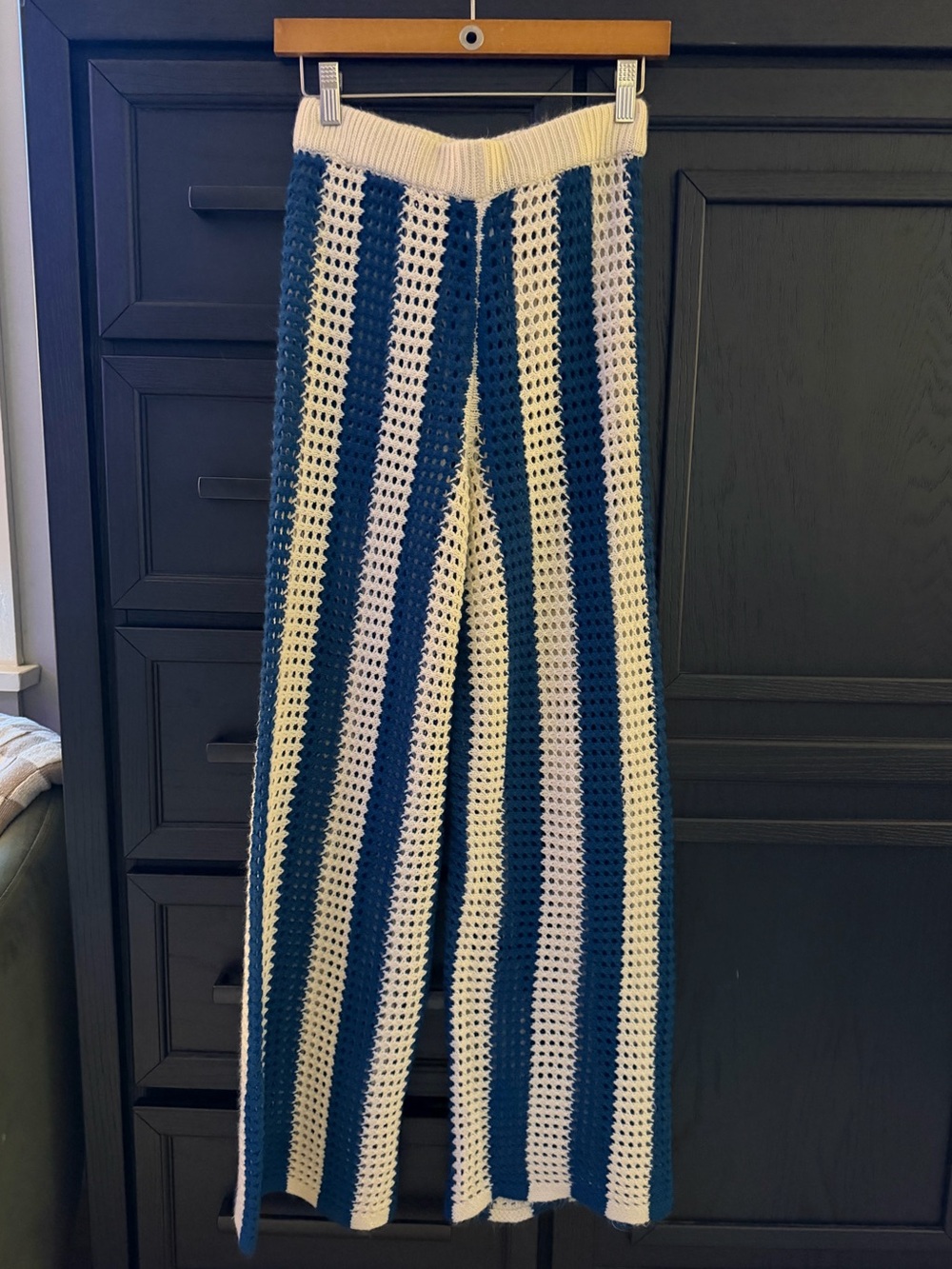 VICI Blue & Cream Crochet Stripe Wide-Leg Flare Pants | Sz S